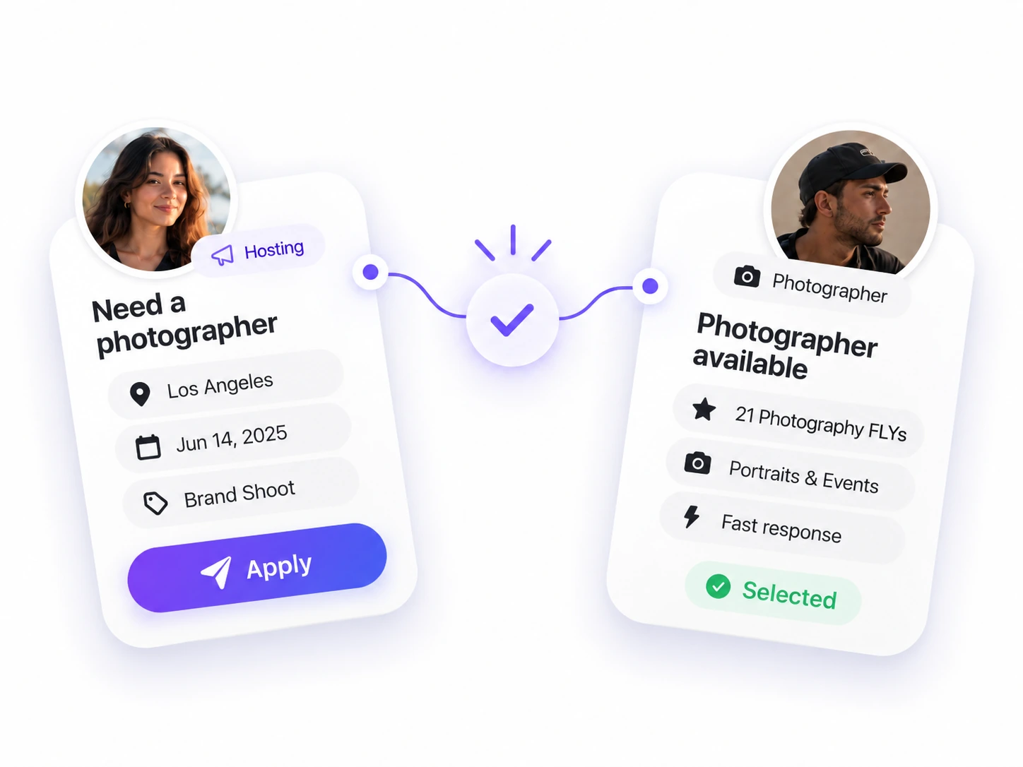 A hosting FLY and an available photographer connecting through Apply and Selected states